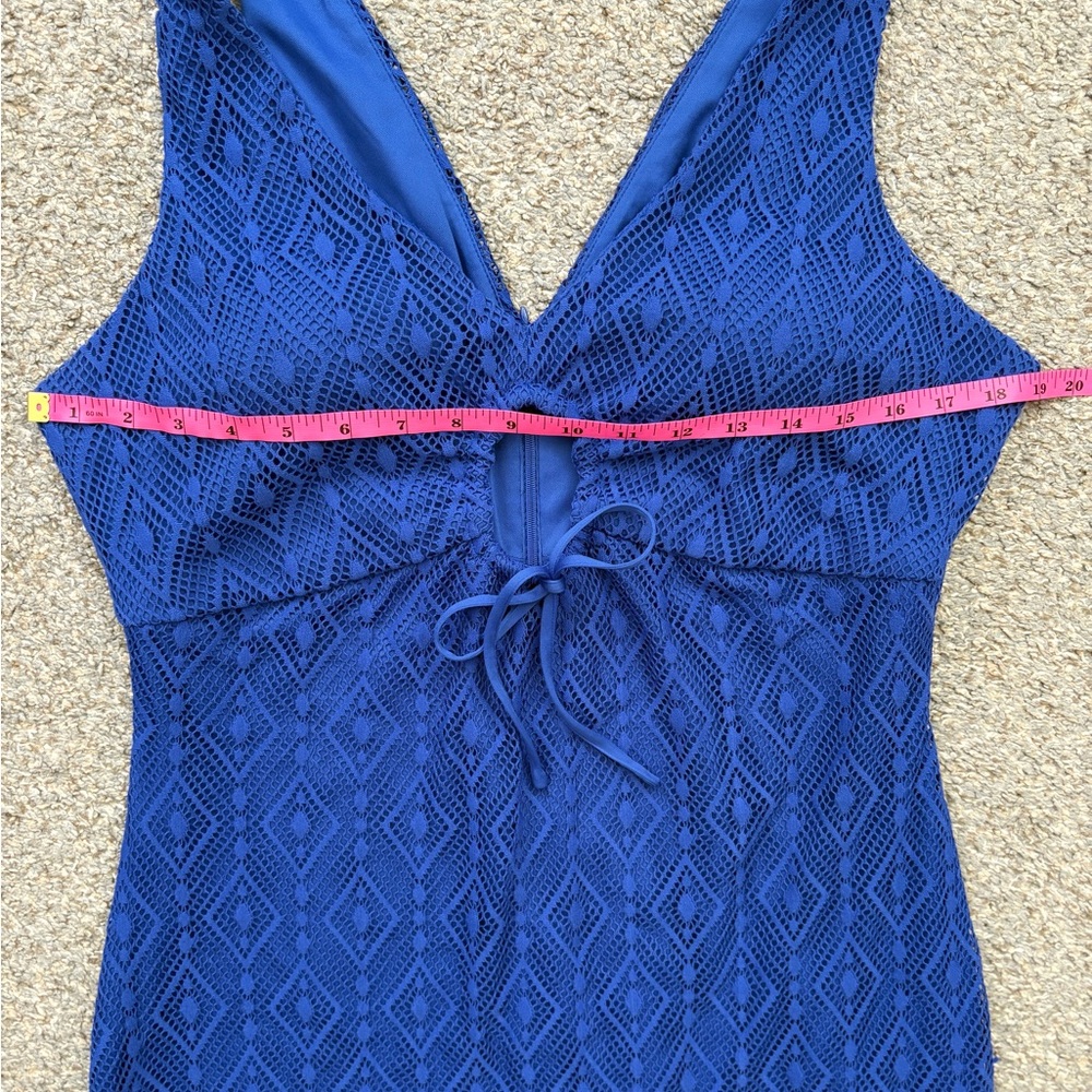 New Guess Blue Geometric Lace Sheath Midi Dress Size 14 - Picture 12 of 17